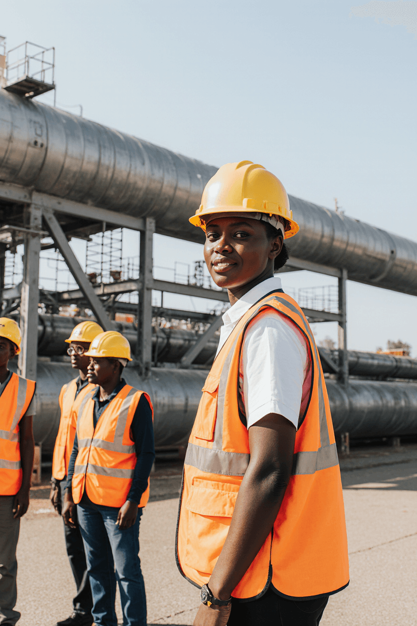 African engineers in hard hats and safety vests inspecting pipeline infrastructure