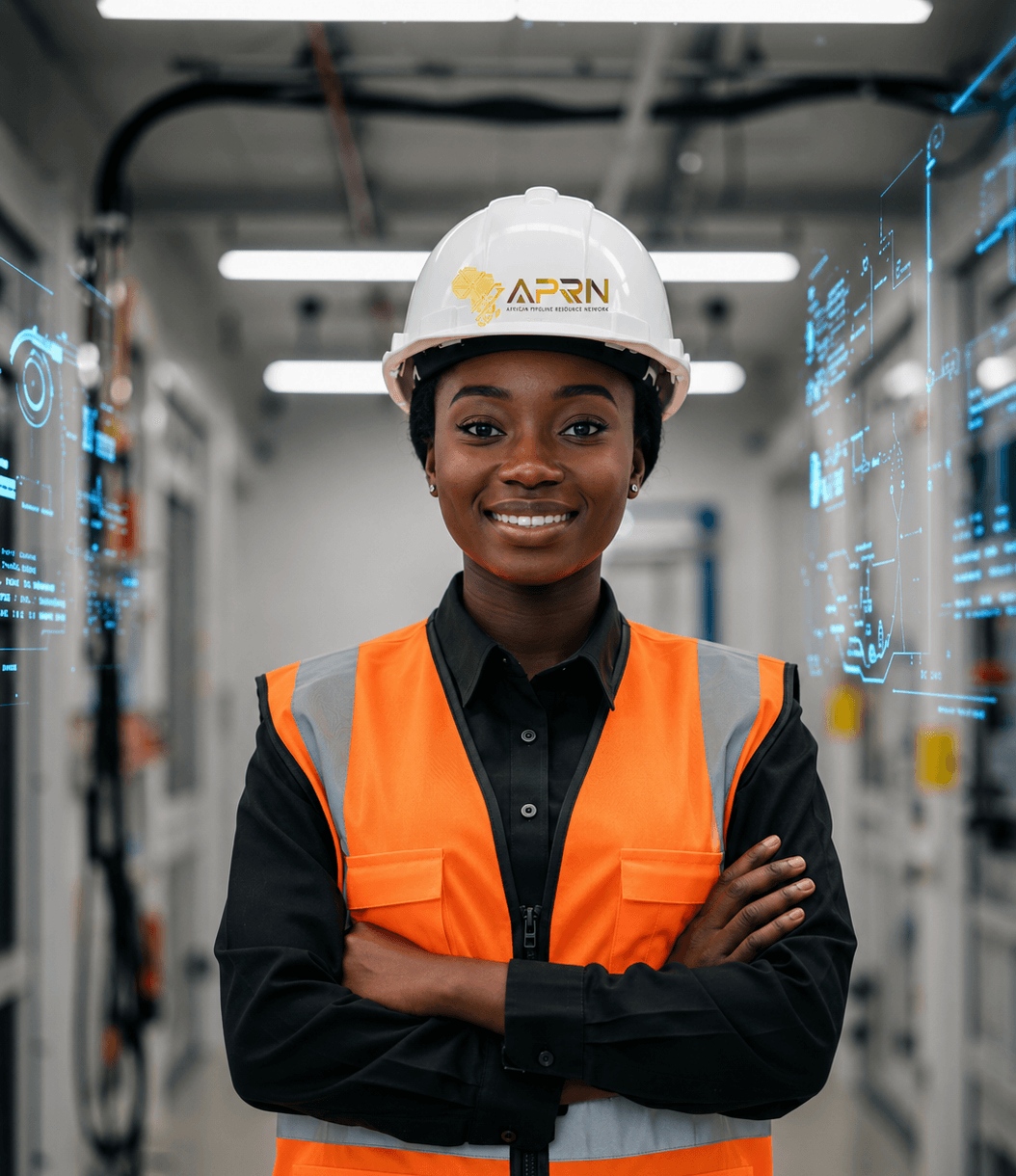 African engineers in hard hats and safety vests inspecting pipeline infrastructure